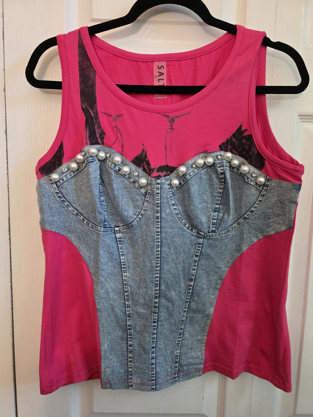 pink denim-bustier tank top with pearl accents